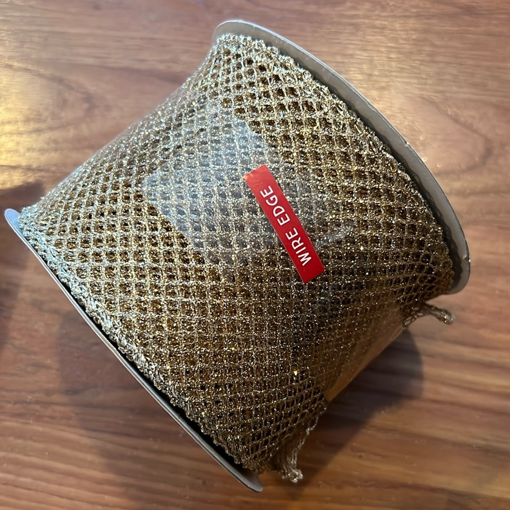 New Christmas Wired Ribbon Glitter, Gold Mesh